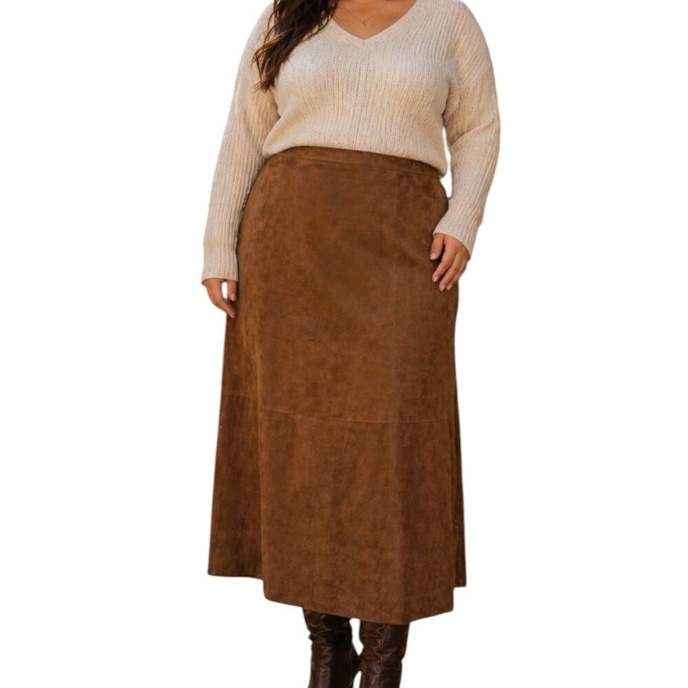 Bagatelle Brown Suede Leather Midi A-line Skirt Size 24W Classic Straight Career